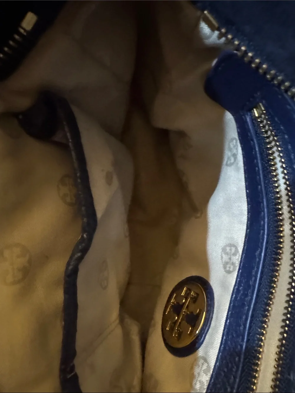 Tory Burch Navy Suede Shoulder Bag with Gold Logo
